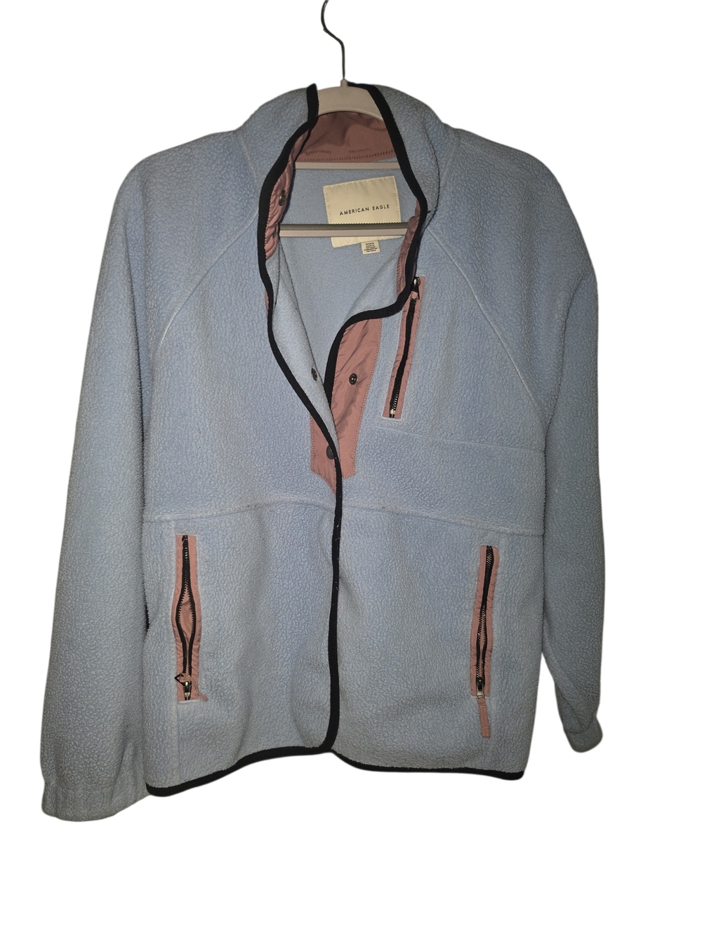 American Eagle Outfitters Light Blue Fleece Jacket with Purple Accents.